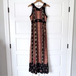 Free People Floral Maxi Dress 8 Black Boho Aztec Lace Up Cut Out You Made My Day